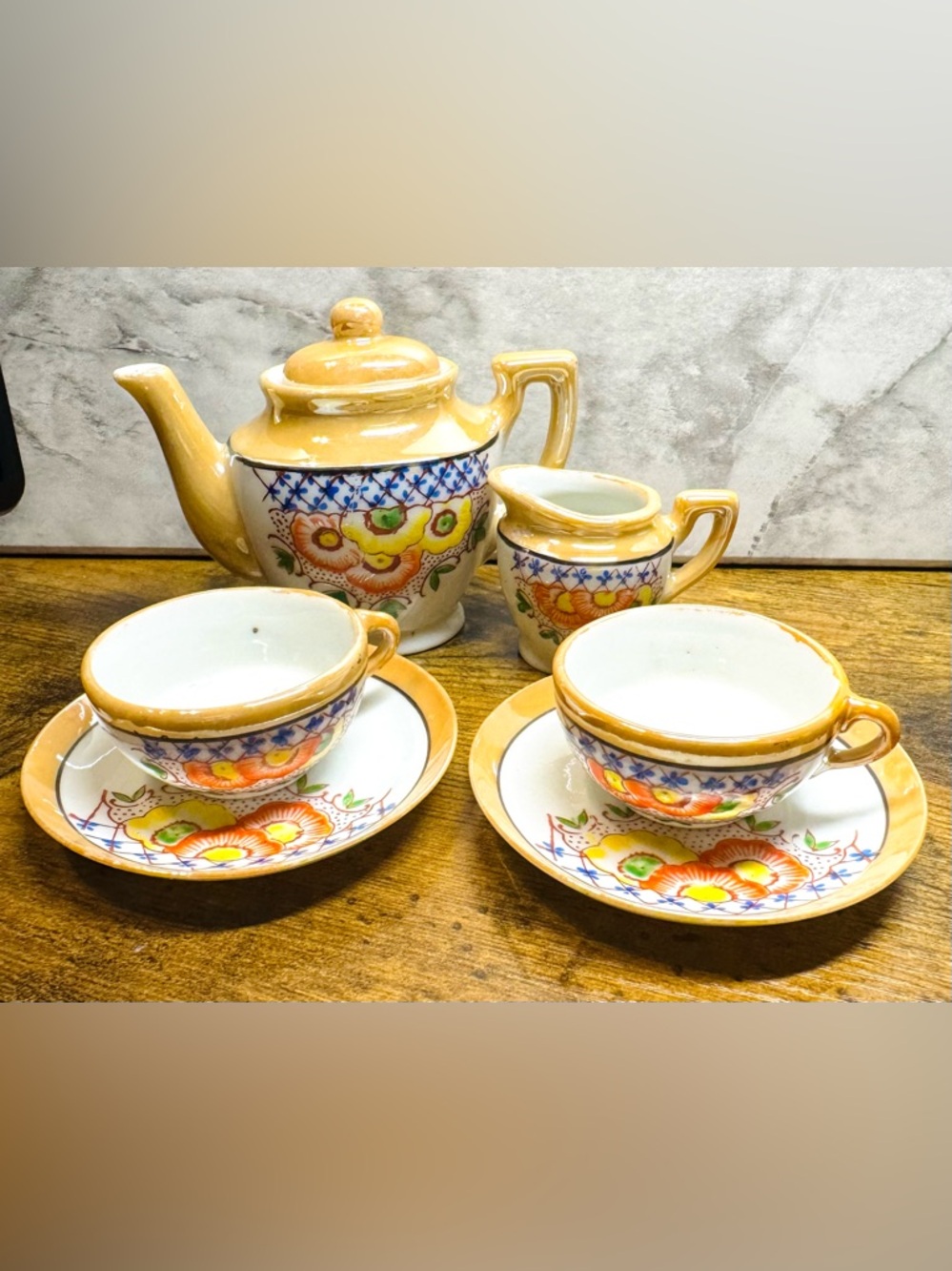 Vintage Merit Japan Hand Painted Child’s Tea Set 7 Pc Teapot Creamer Cup Saucer